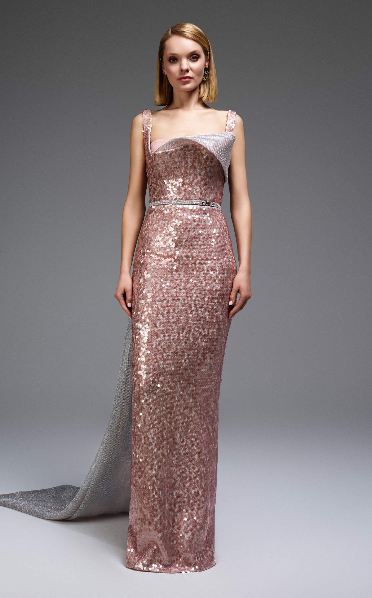 Sequin Column Gown with Dramatic Cape Train E0108