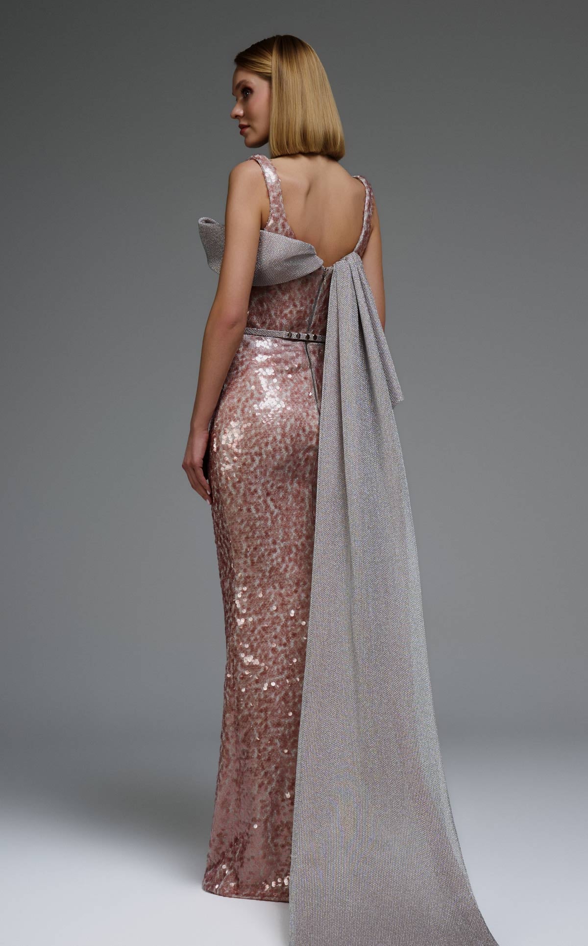 Sequin Column Gown with Dramatic Cape Train E0108