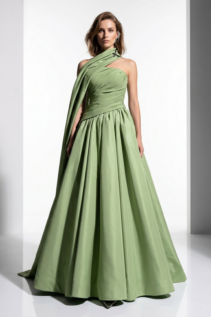 Purple Satin A-Line Gown with Draped Train E0089