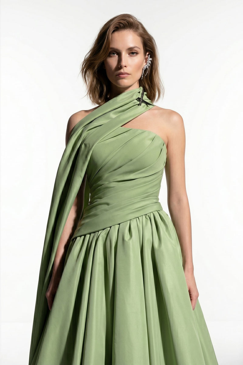 Purple Satin A-Line Gown with Draped Train E0089