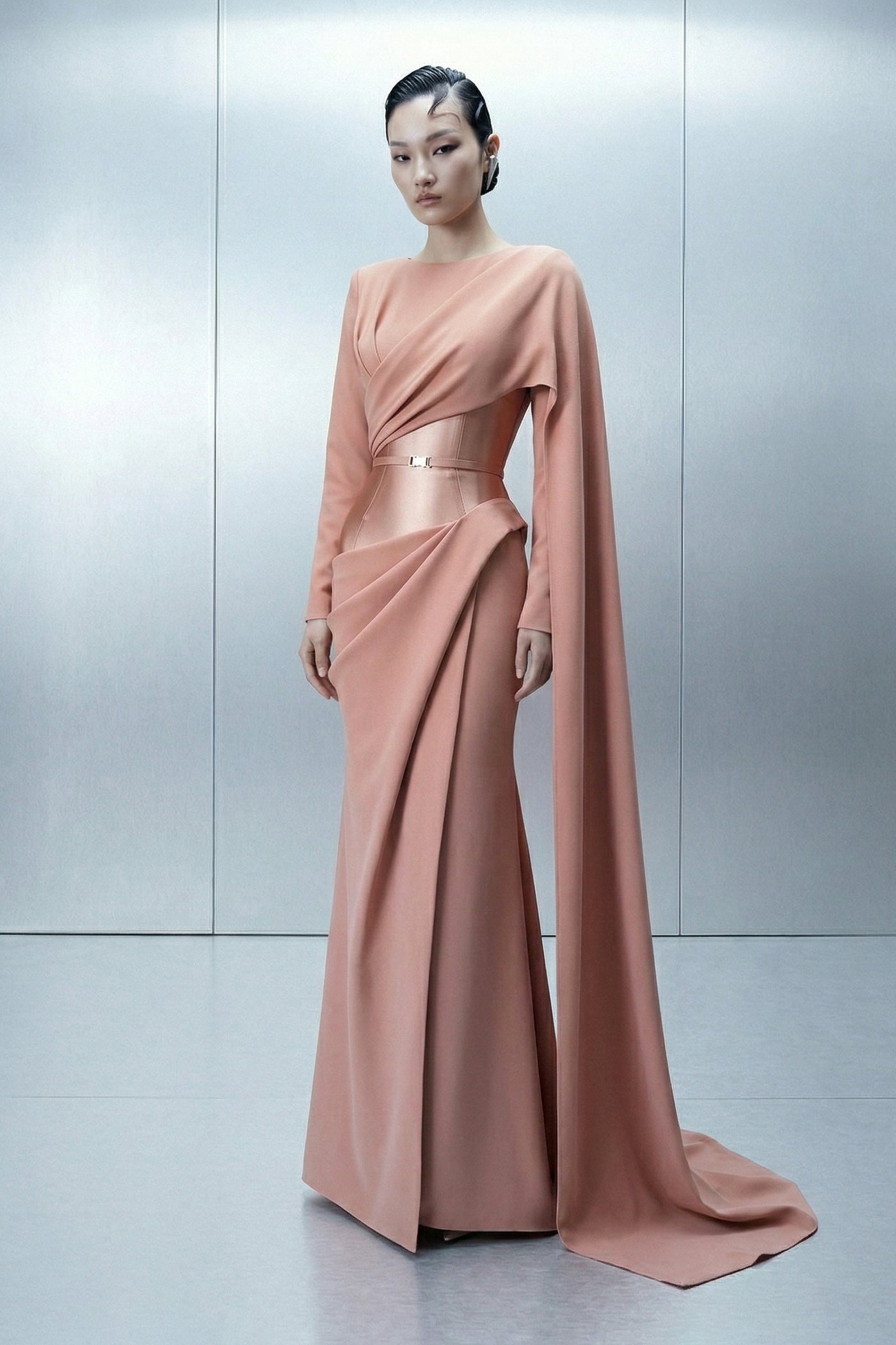 Eli The Label E0166 – Soft Blush Asymmetric Cape Sleeve Evening Gown