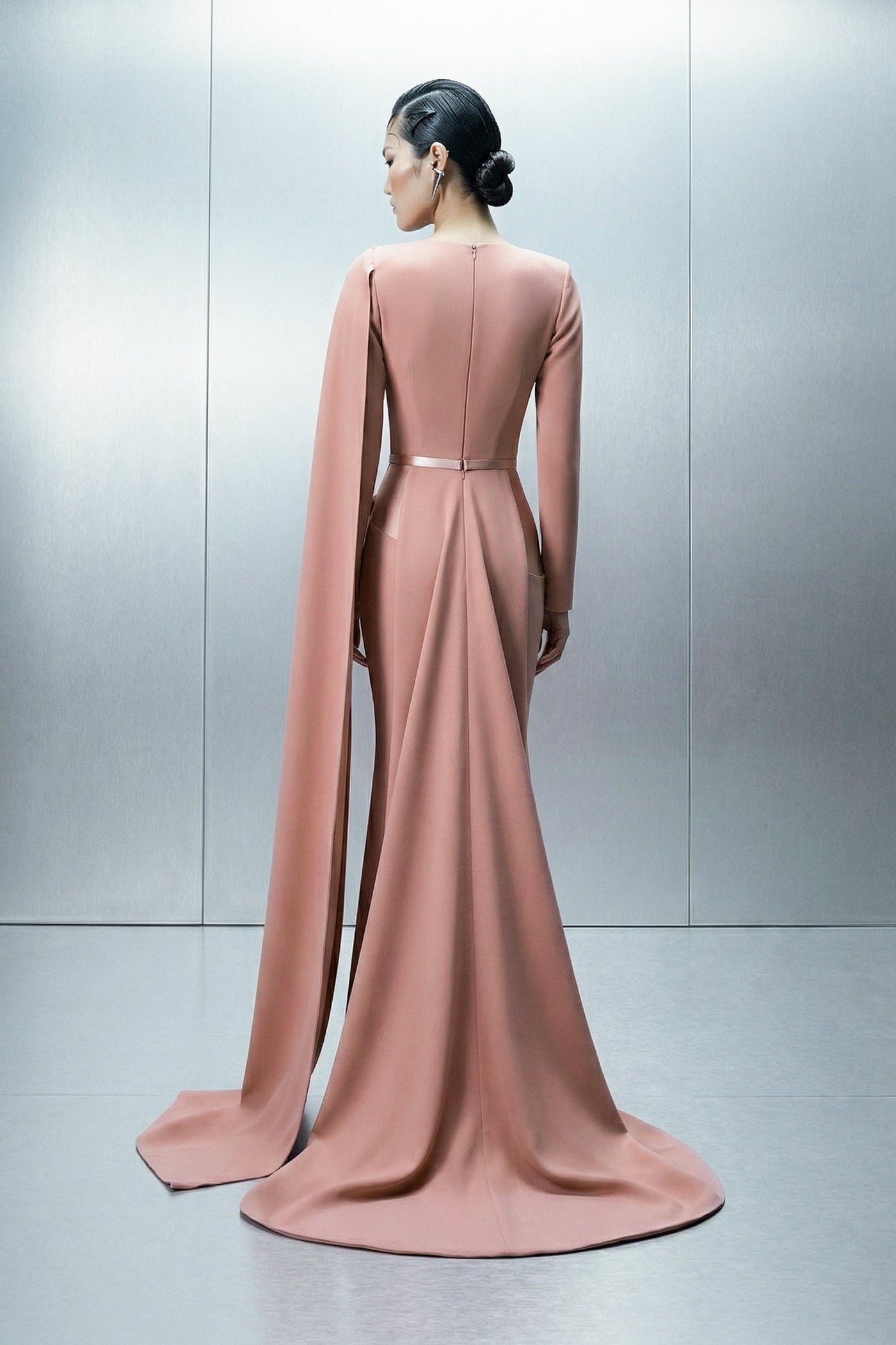 Eli The Label E0166 – Soft Blush Asymmetric Cape Sleeve Evening Gown