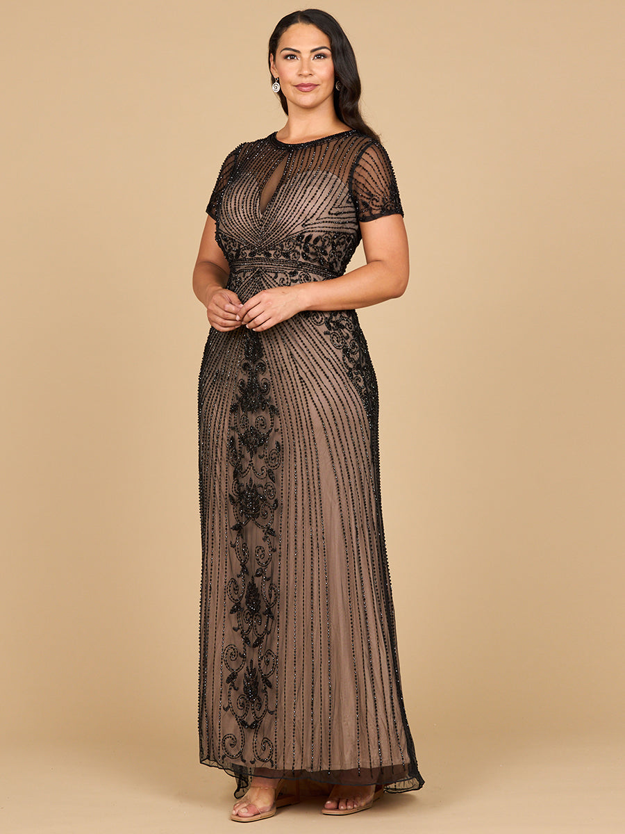 Elegant Beaded Cap Sleeve Illusion Plunge Gown - Sheath Formal Dress 28869