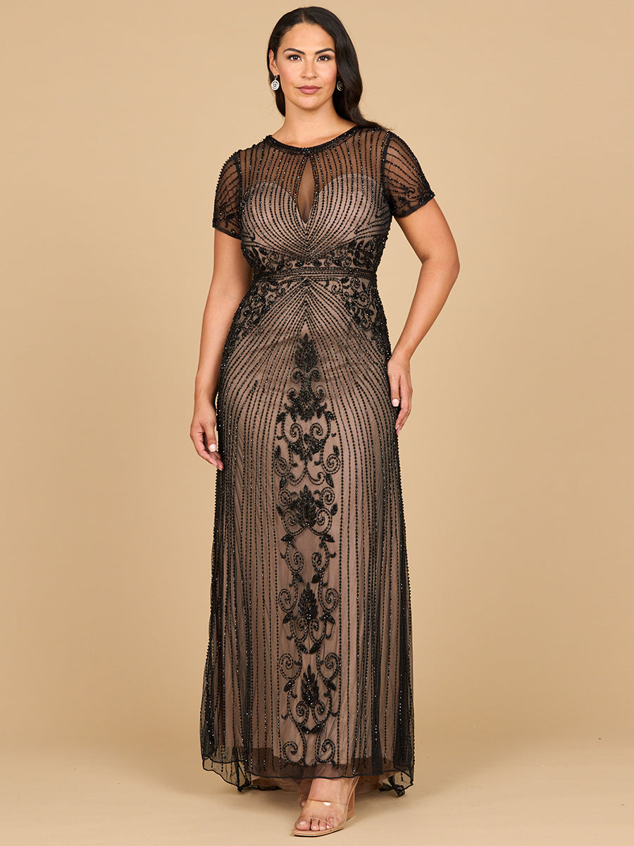 Elegant Beaded Cap Sleeve Illusion Plunge Gown - Sheath Formal Dress 28869