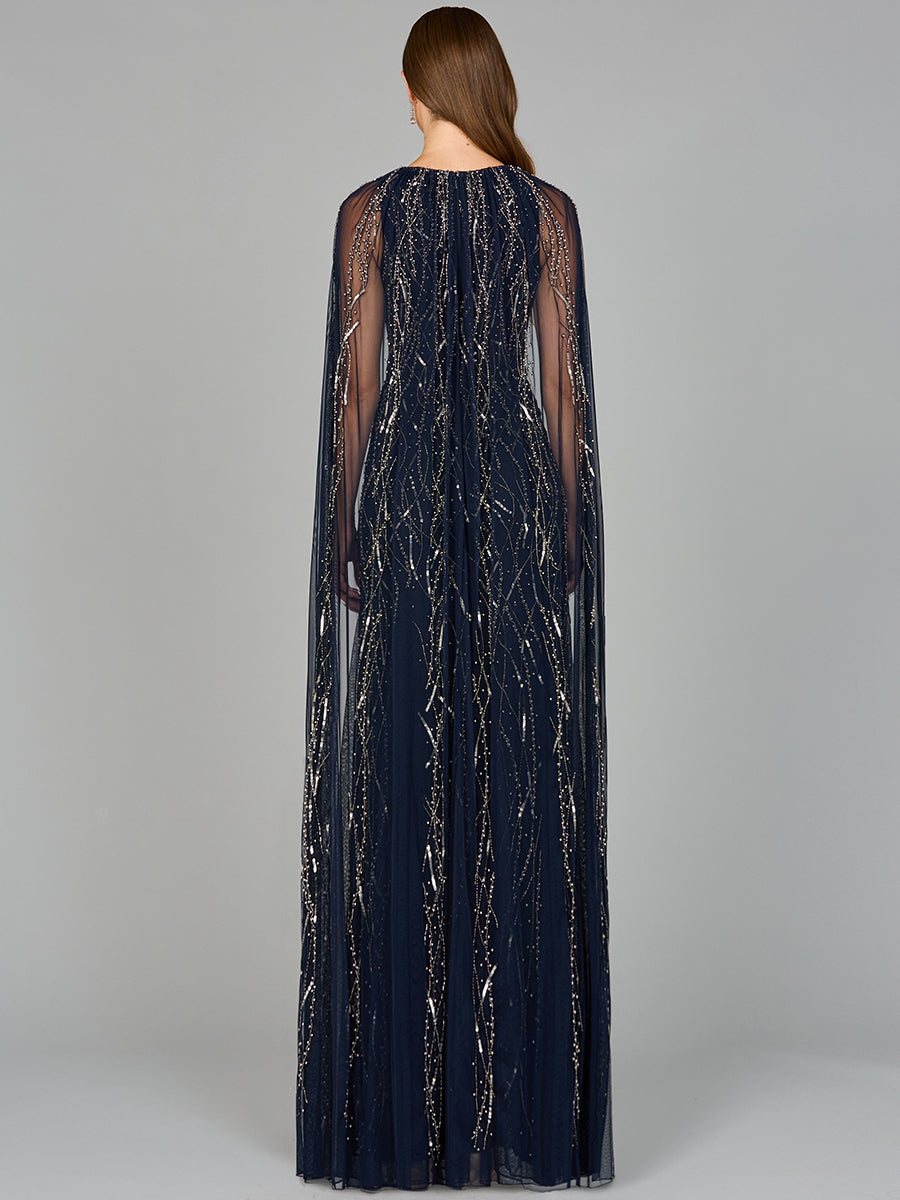 Elegant Beaded Dress with Long Cape 29093