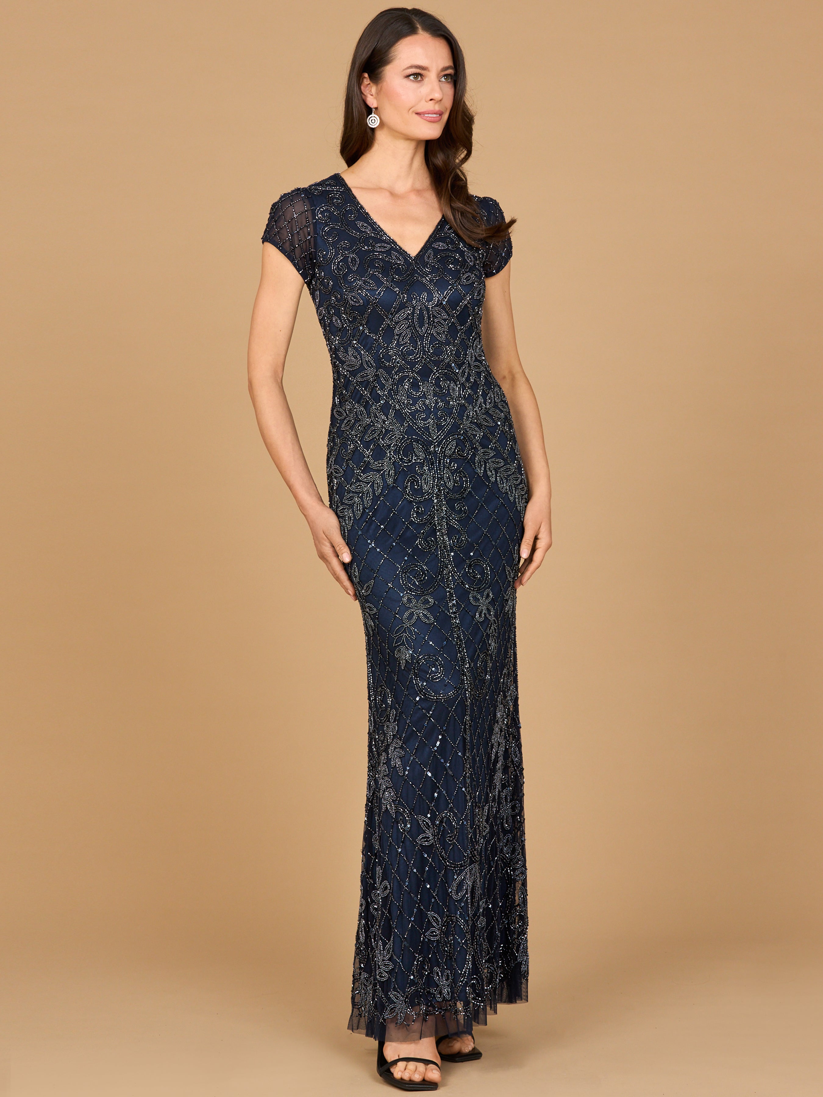Elegant Cap Sleeve Mermaid Beaded Gown - V-Neck Formal Dress 28865