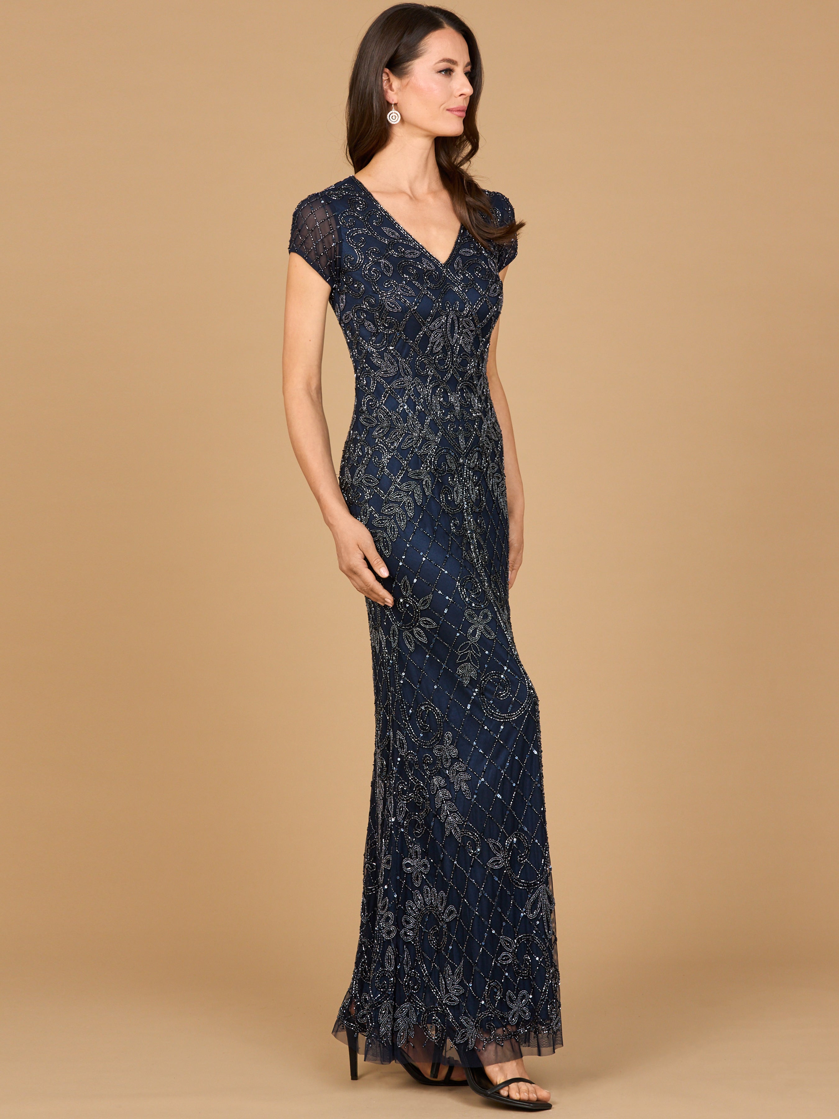 Elegant Cap Sleeve Mermaid Beaded Gown - V-Neck Formal Dress 28865