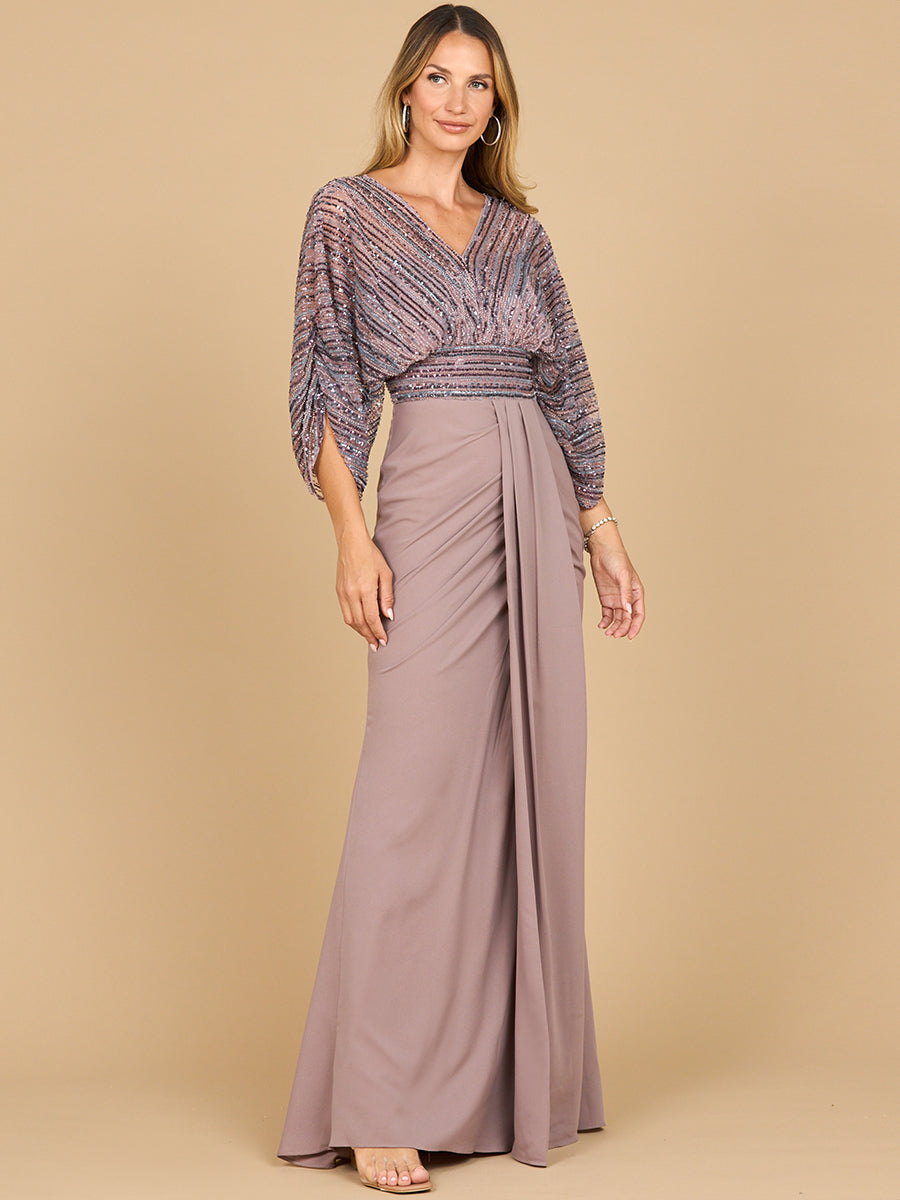 Elegant Draped Skirt Gown with Cape Sleeves - V-Neck Formal Dress 28950