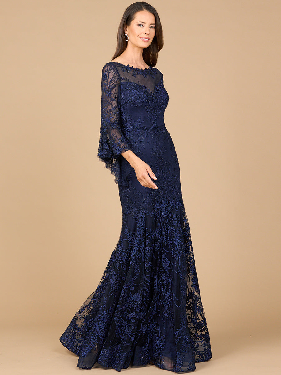 Elegant Illusion Neck Mermaid Gown - Long Bell Sleeve Beaded Lace Dress 28906