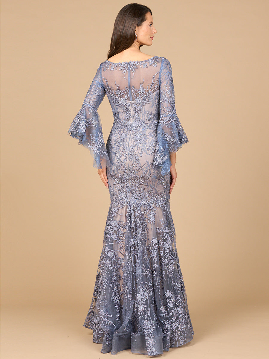 Elegant Illusion Neck Mermaid Gown - Long Bell Sleeve Beaded Lace Dress 28906