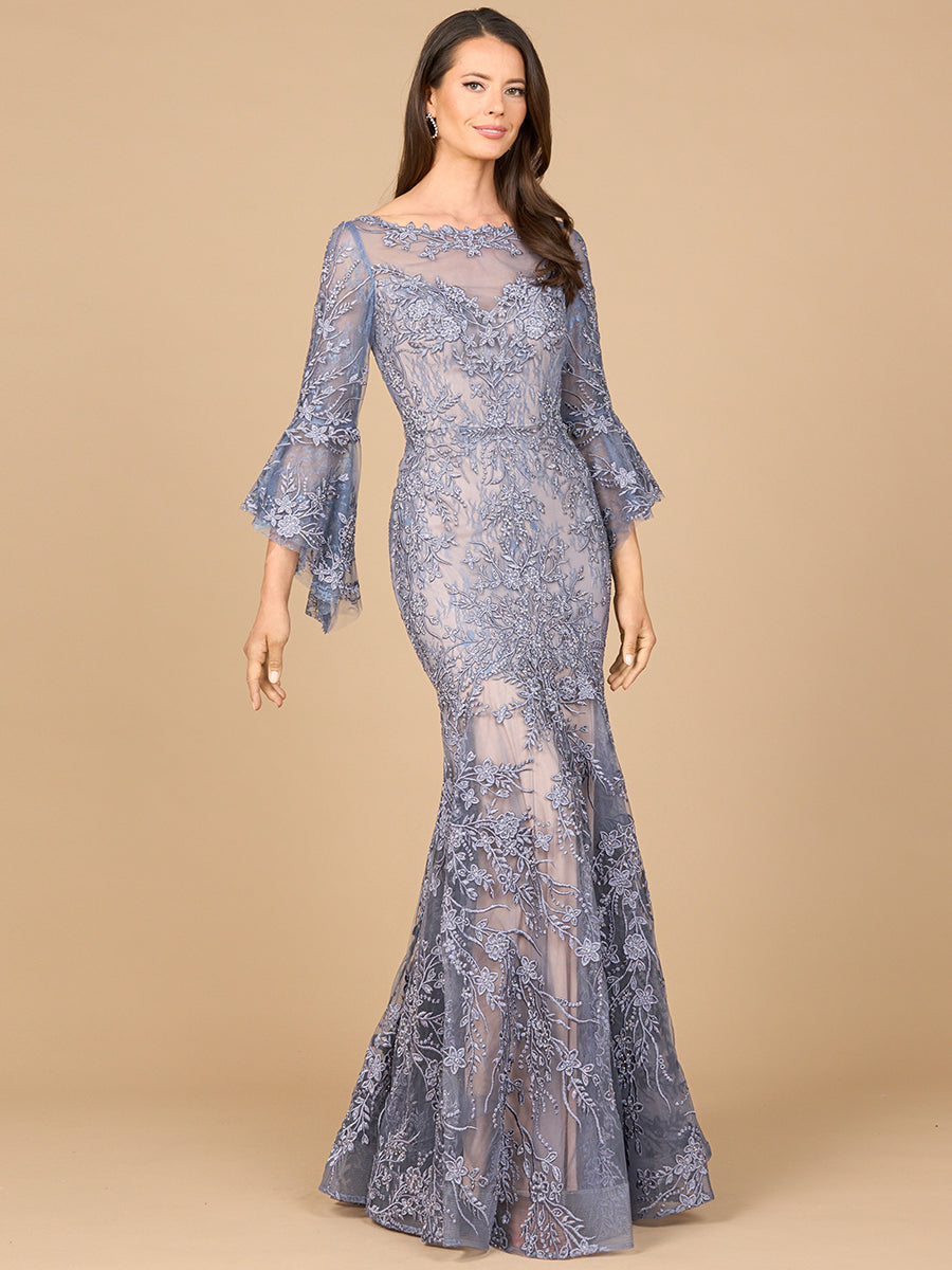 Elegant Illusion Neck Mermaid Gown - Long Bell Sleeve Beaded Lace Dress 28906