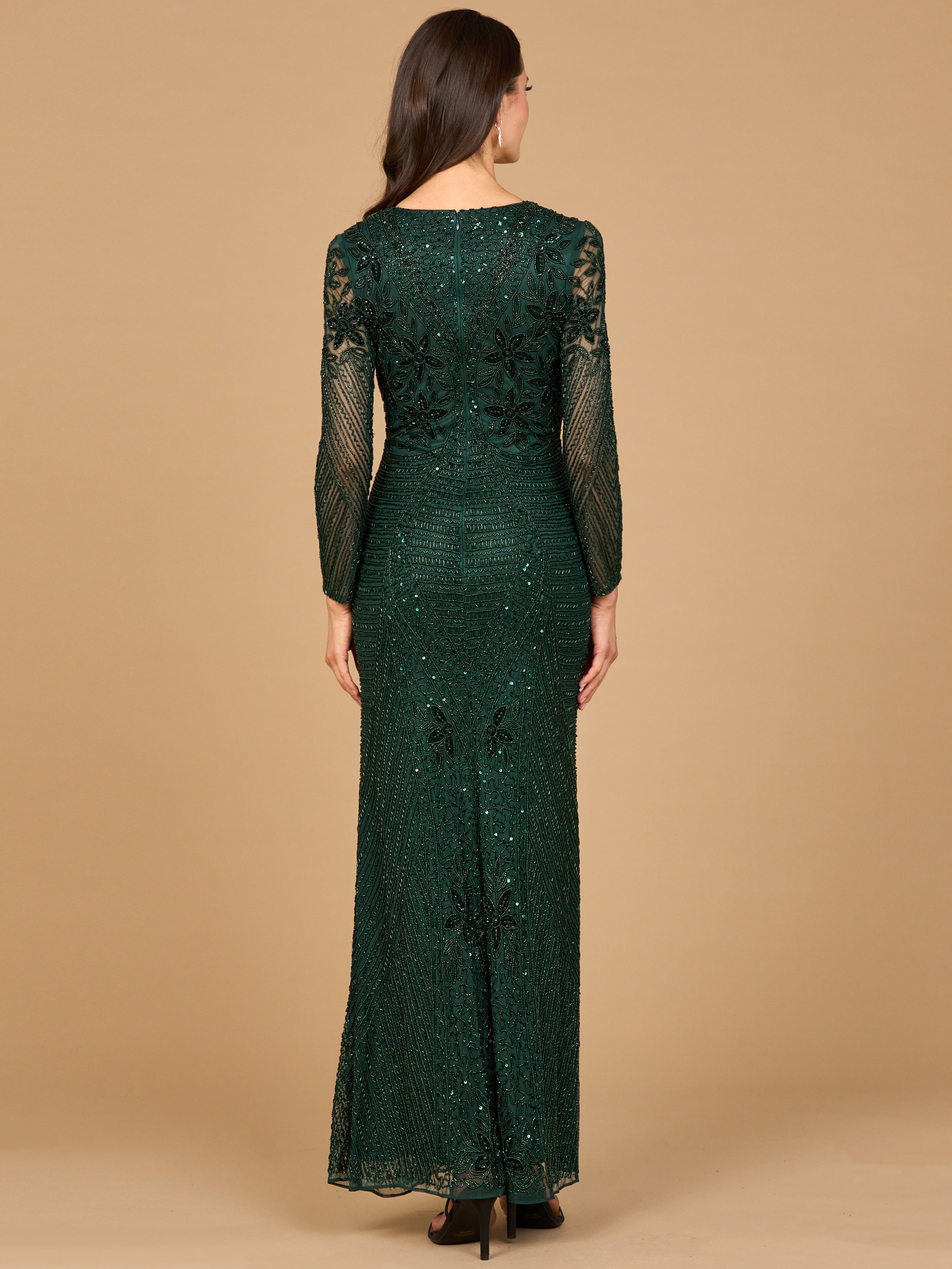 Elegant Long Sleeve Beaded Sheath Gown - V-Neck Formal Dress 28888