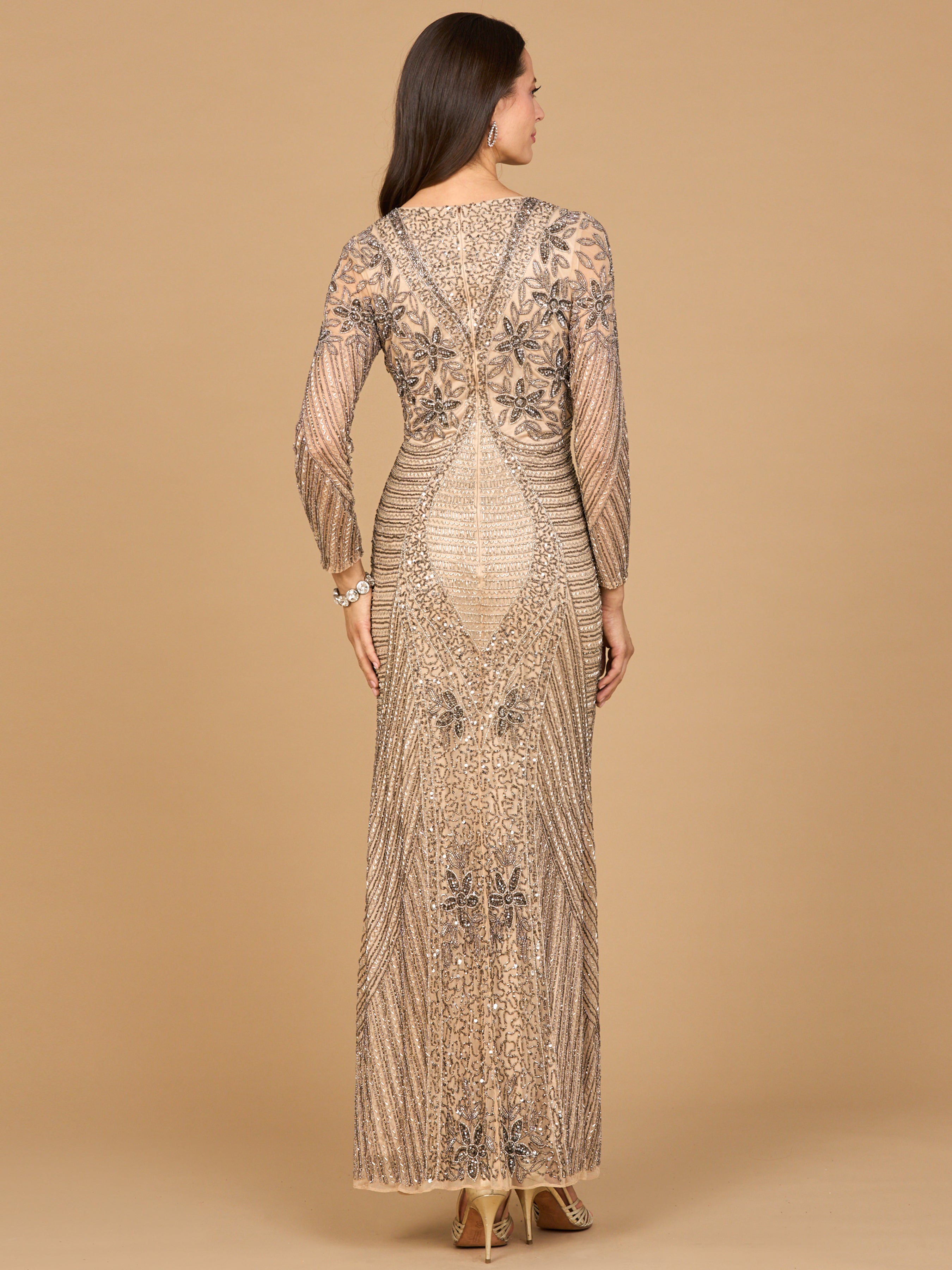 Elegant Long Sleeve Beaded Sheath Gown - V-Neck Formal Dress 28888