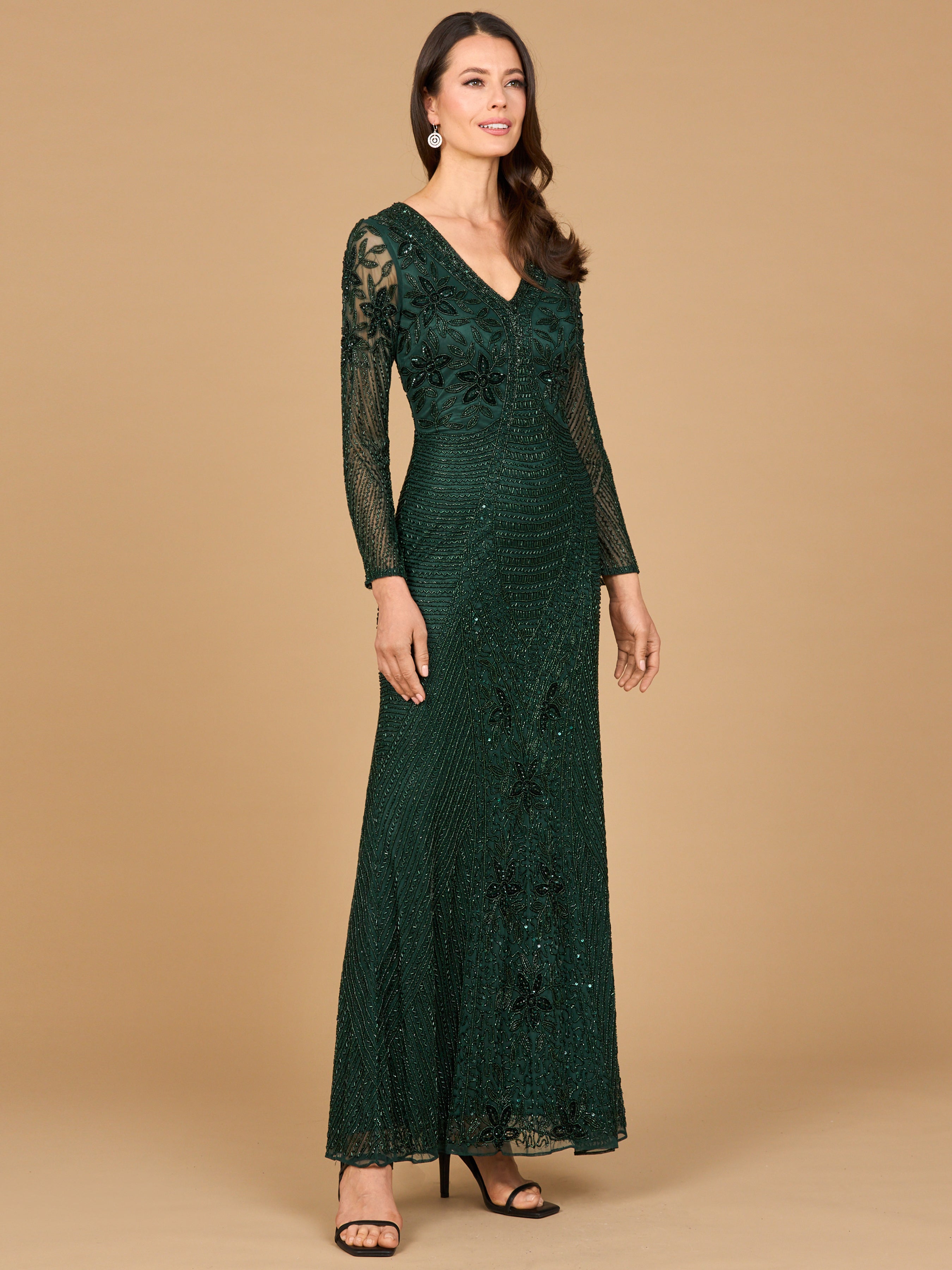 Elegant Long Sleeve Beaded Sheath Gown - V-Neck Formal Dress 28888