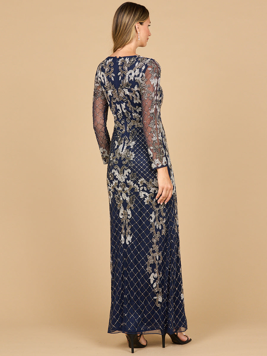Elegant Long Sleeve Contrast Beaded Gown - Sheath Formal Dress 28877