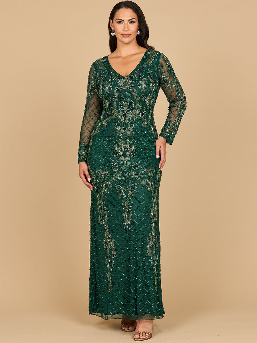 Elegant Long Sleeve Contrast Beaded Gown - Sheath Formal Dress 28877