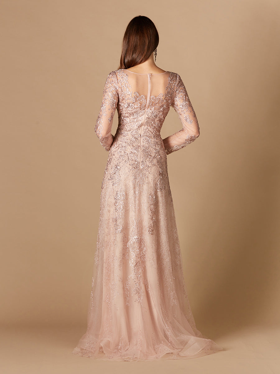 Elegant Long Sleeve V-Neck Lace Evening Gown - A-Line Formal Dress 29326