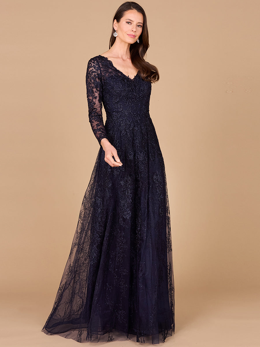 Elegant Long Sleeve V-Neck Lace Evening Gown - A-Line Formal Dress 29326