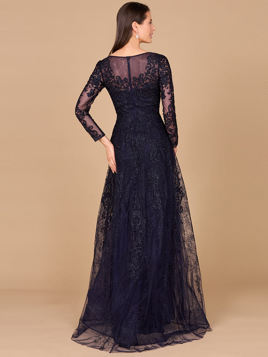 Elegant Long Sleeve V-Neck Lace Evening Gown - A-Line Formal Dress 29326