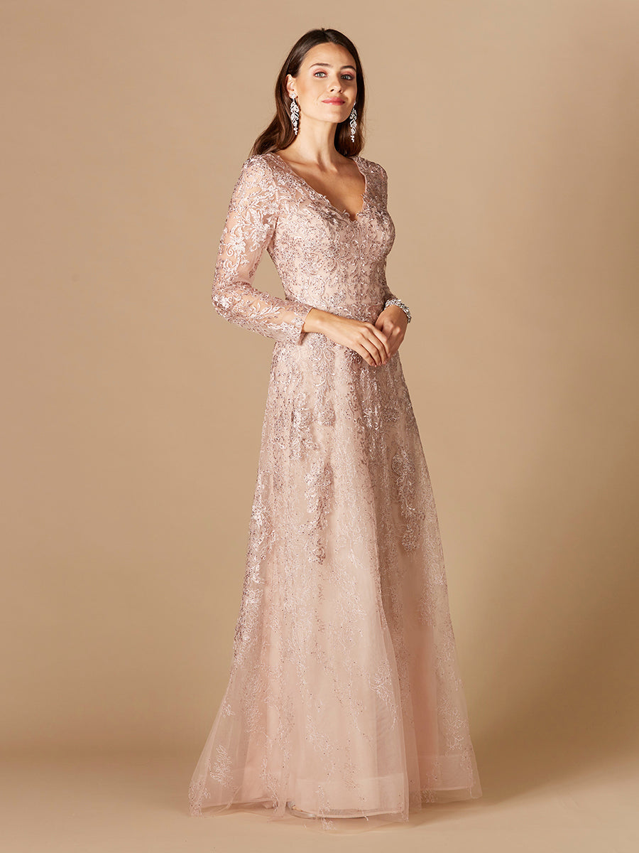 Elegant Long Sleeve V-Neck Lace Evening Gown - A-Line Formal Dress 29326