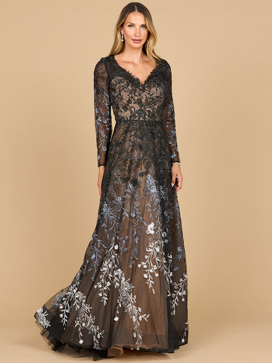 Elegant Long Sleeve V-Neck Ombre Lace Gown - Mermaid Formal Dress 28878