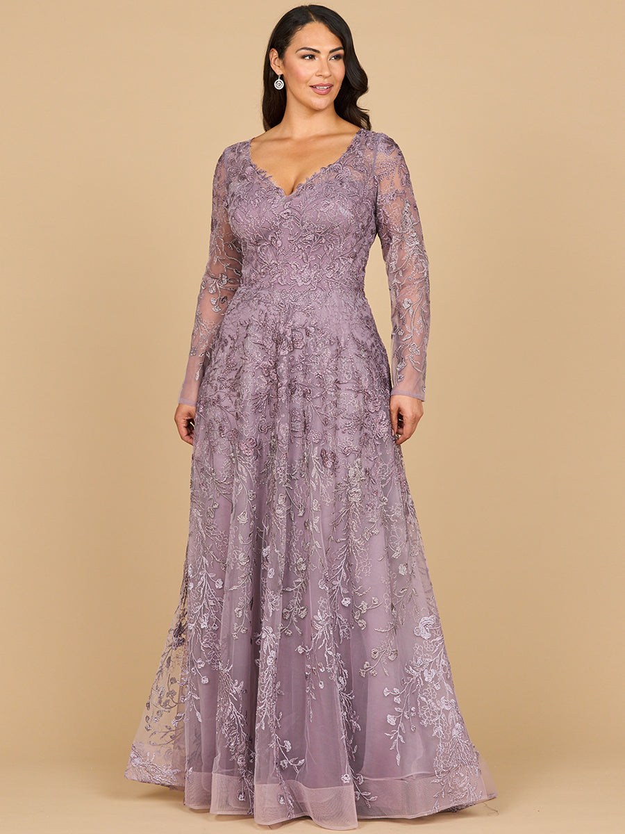 Elegant Long Sleeve V-Neck Ombre Lace Gown - Mermaid Formal Dress 28878
