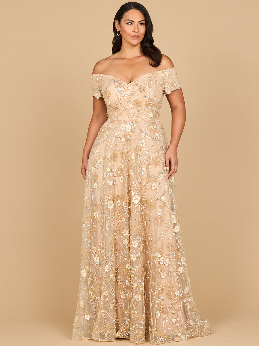 Elegant Off Shoulder A-Line Floral Gown - Embroidered Formal Dress 28882