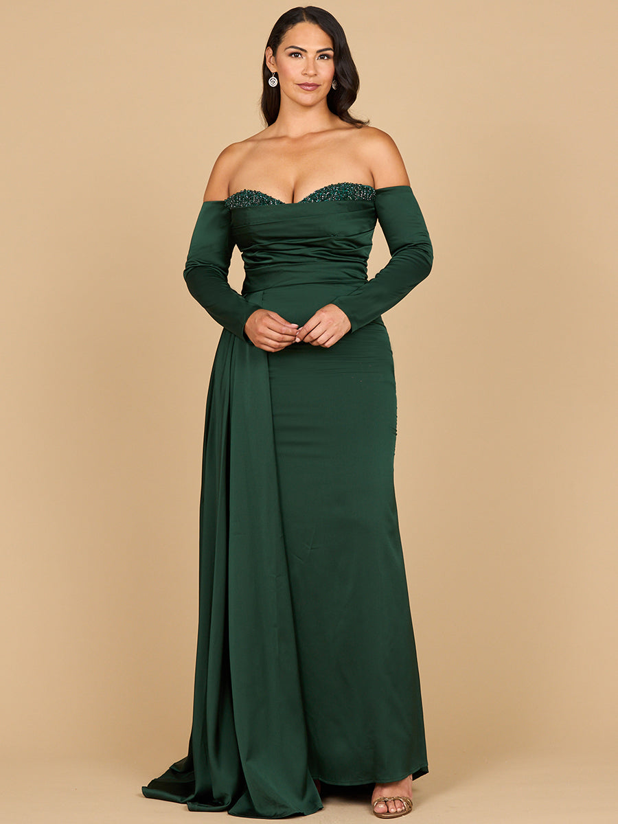 Elegant Off Shoulder Satin Dress - Beaded Bodice Sheath Gown 28936