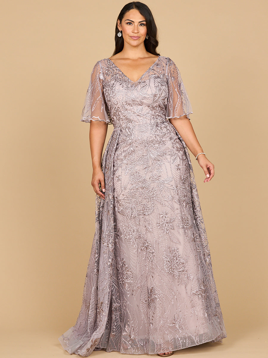 Elegant Overskirt Lace Fitted Gown - V-Neck Cape Sleeve Formal Dress 28880