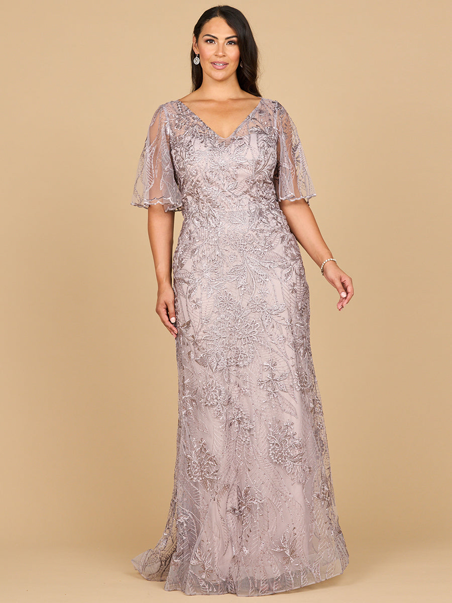 Elegant Overskirt Lace Fitted Gown - V-Neck Cape Sleeve Formal Dress 28880