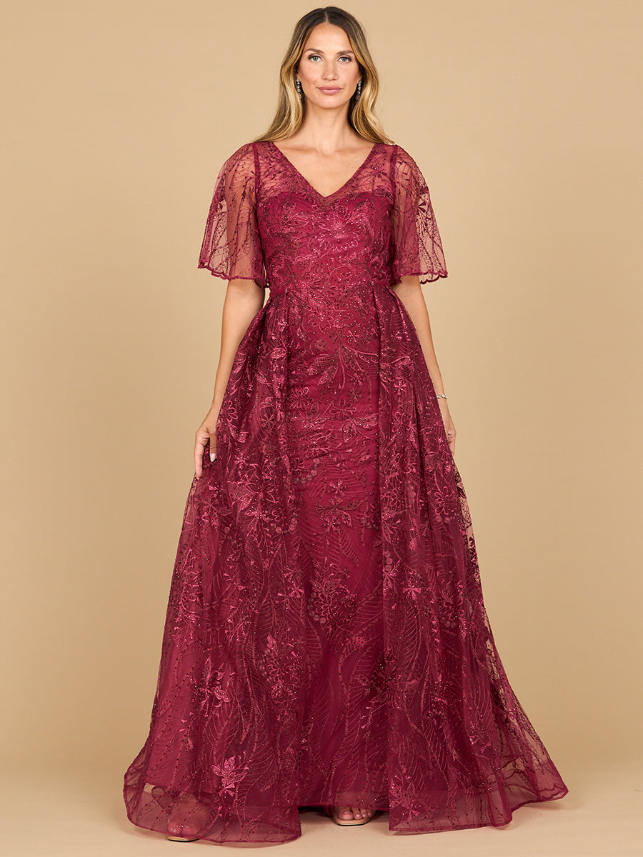 Elegant Overskirt Lace Fitted Gown - V-Neck Cape Sleeve Formal Dress 28880