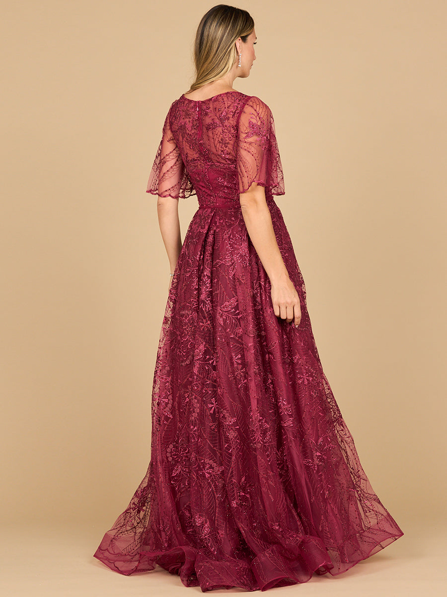 Elegant Overskirt Lace Fitted Gown - V-Neck Cape Sleeve Formal Dress 28880