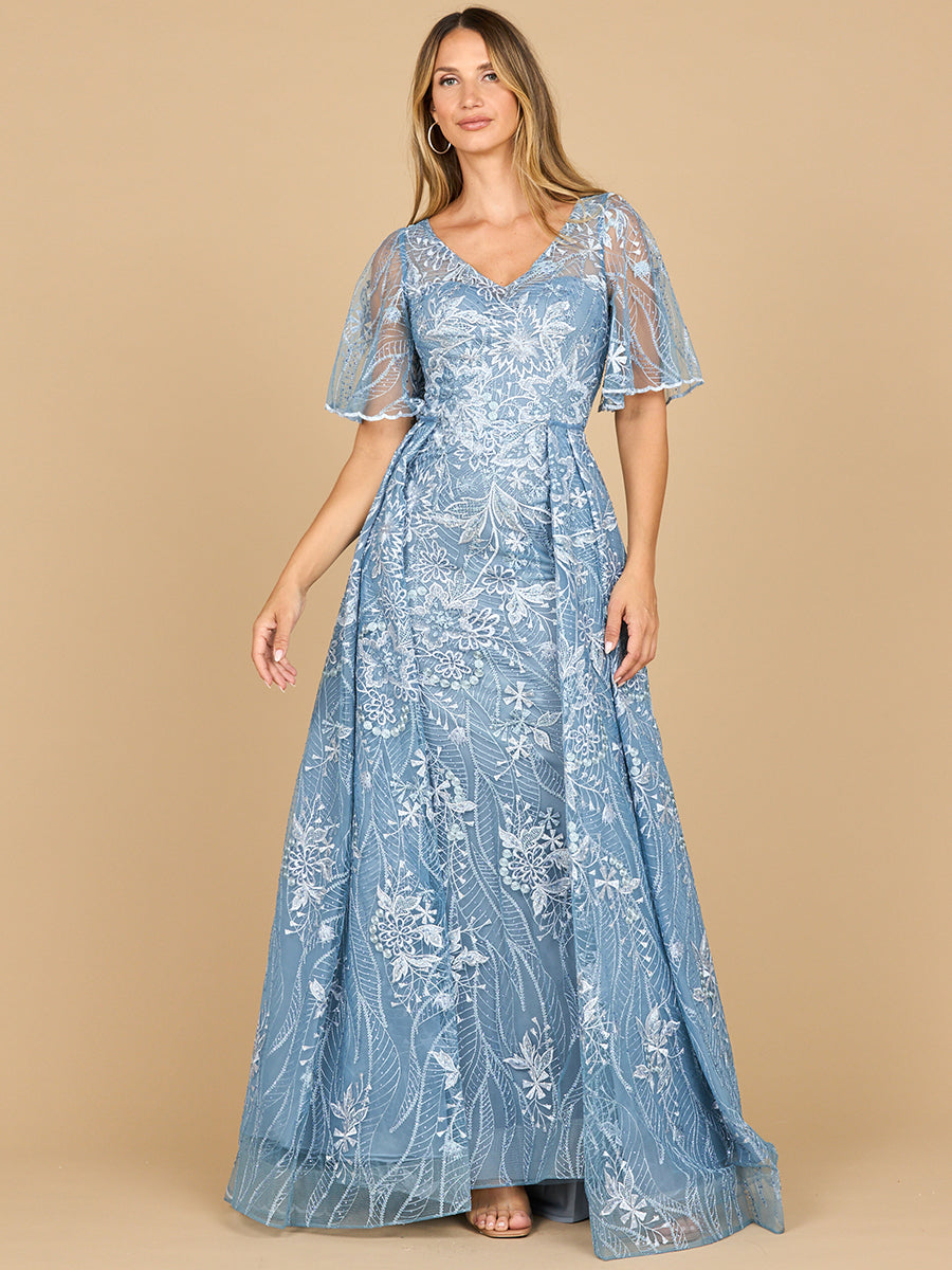 Elegant Overskirt Lace Fitted Gown - V-Neck Cape Sleeve Formal Dress 28880