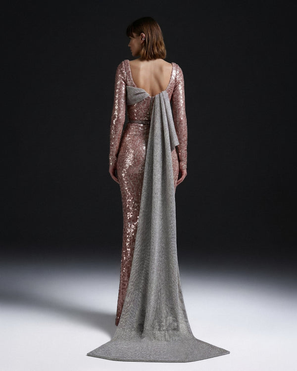 Eli The Label E0157 Full Sequin Long Sleeve Evening Gown with Back Drape