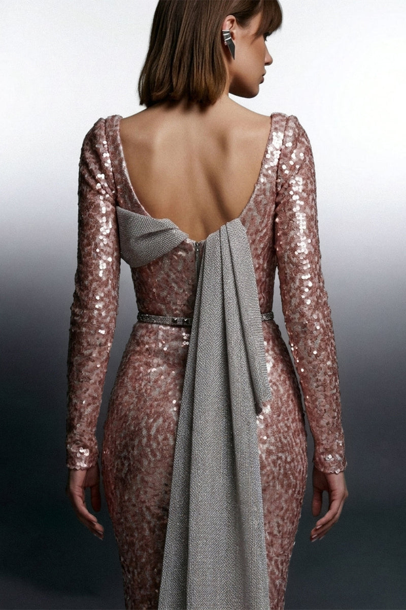 Eli The Label E0157 Full Sequin Long Sleeve Evening Gown with Back Drape