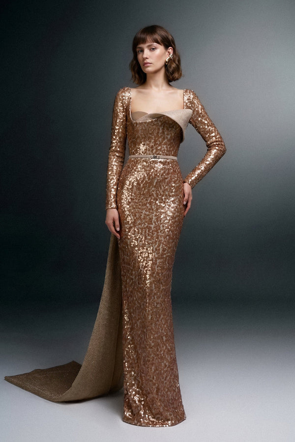 Eli The Label E0157 Full Sequin Long Sleeve Evening Gown with Back Drape