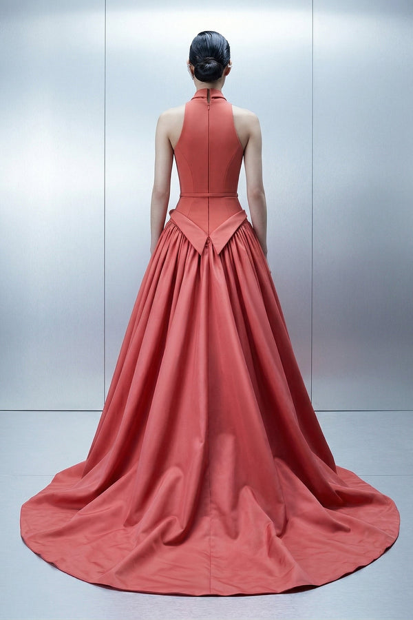 Eli The Label E0163 Coral Halter Plunge Ball Gown with Detachable Sleeves