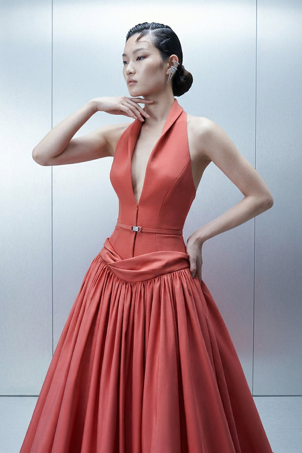 Eli The Label E0163 Coral Halter Plunge Ball Gown with Detachable Sleeves