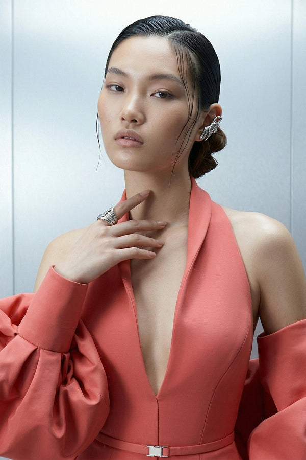 Eli The Label E0163 Coral Halter Plunge Ball Gown with Detachable Sleeves