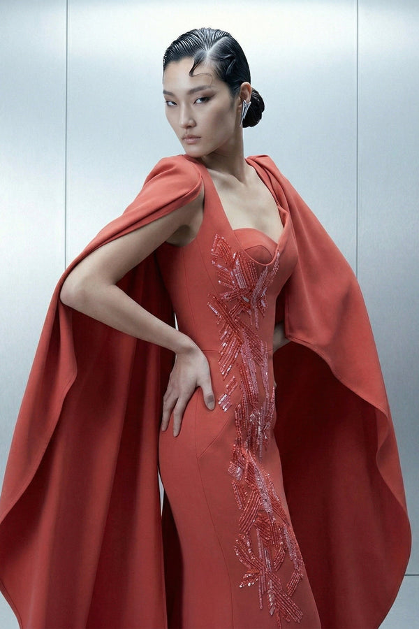 Eli The Label E0164 Coral Embellished Sweetheart Cape Evening Gown