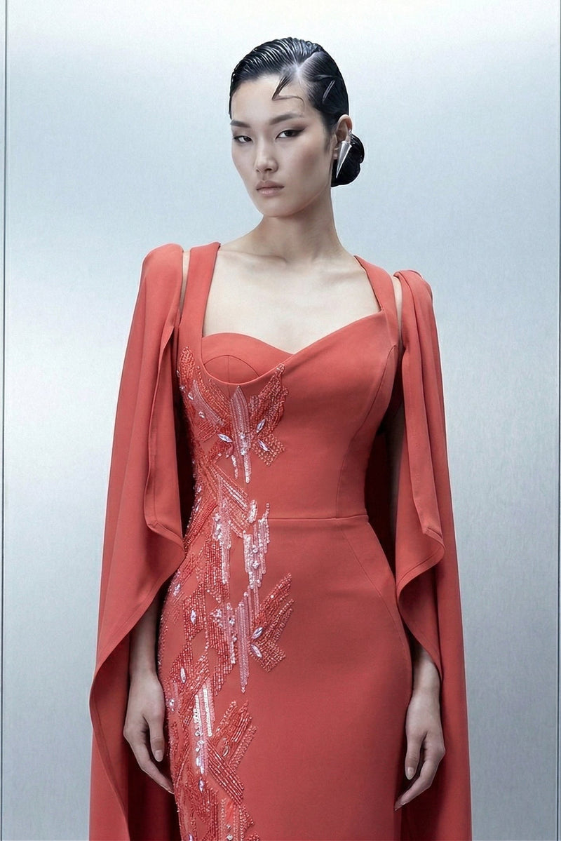 Eli The Label E0164 Coral Embellished Sweetheart Cape Evening Gown