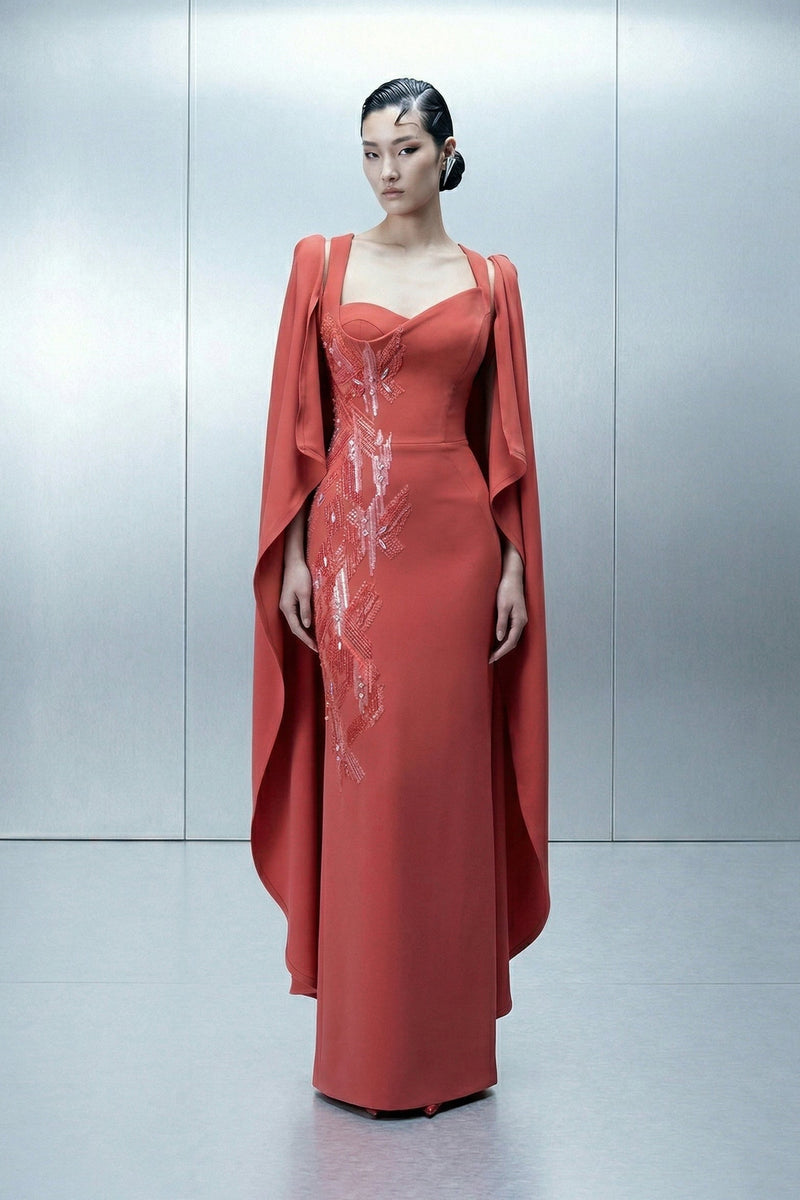 Eli The Label E0164 Coral Embellished Sweetheart Cape Evening Gown