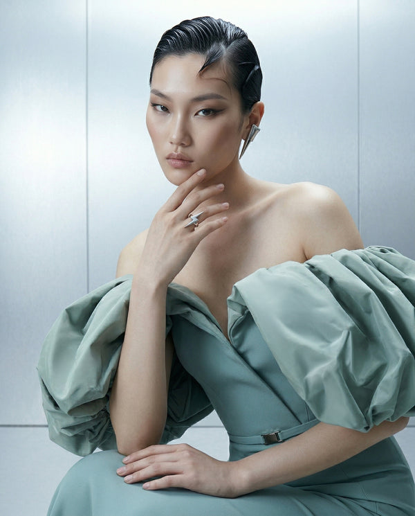 Eli The Label E0165 Sage Mint Off-Shoulder Puff Sleeve Column Gown