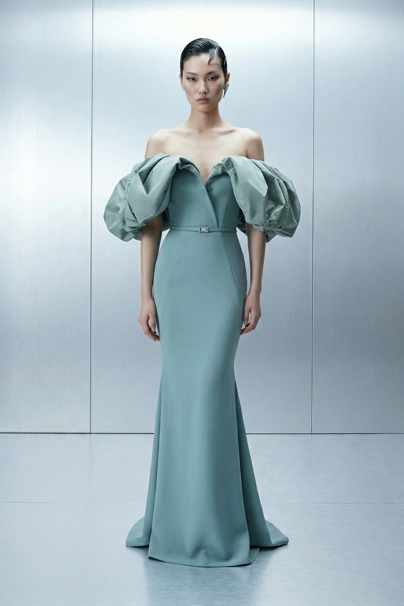 Eli The Label E0165 Sage Mint Off-Shoulder Puff Sleeve Column Gown