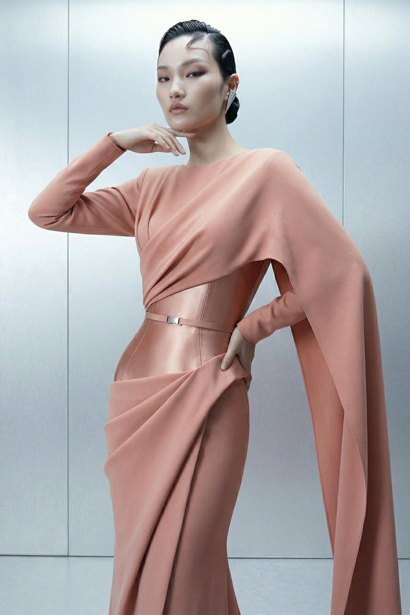 Eli The Label E0166 Blush Asymmetric Draped Cape Sleeve Evening Gown