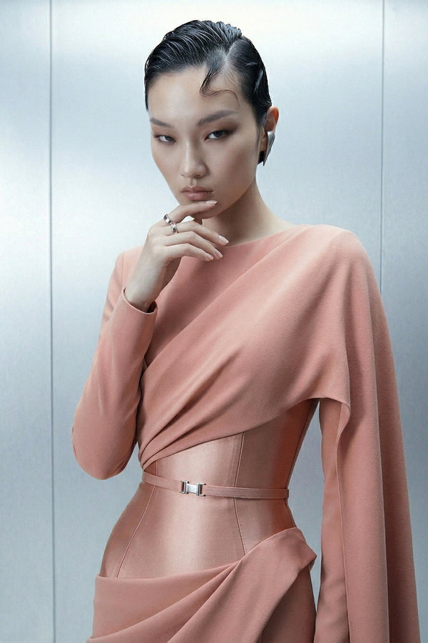 Eli The Label E0166 Blush Asymmetric Draped Cape Sleeve Evening Gown