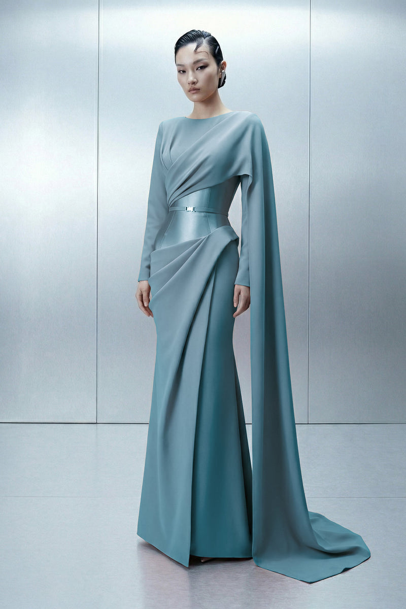 Eli The Label E0166 Blush Asymmetric Draped Cape Sleeve Evening Gown