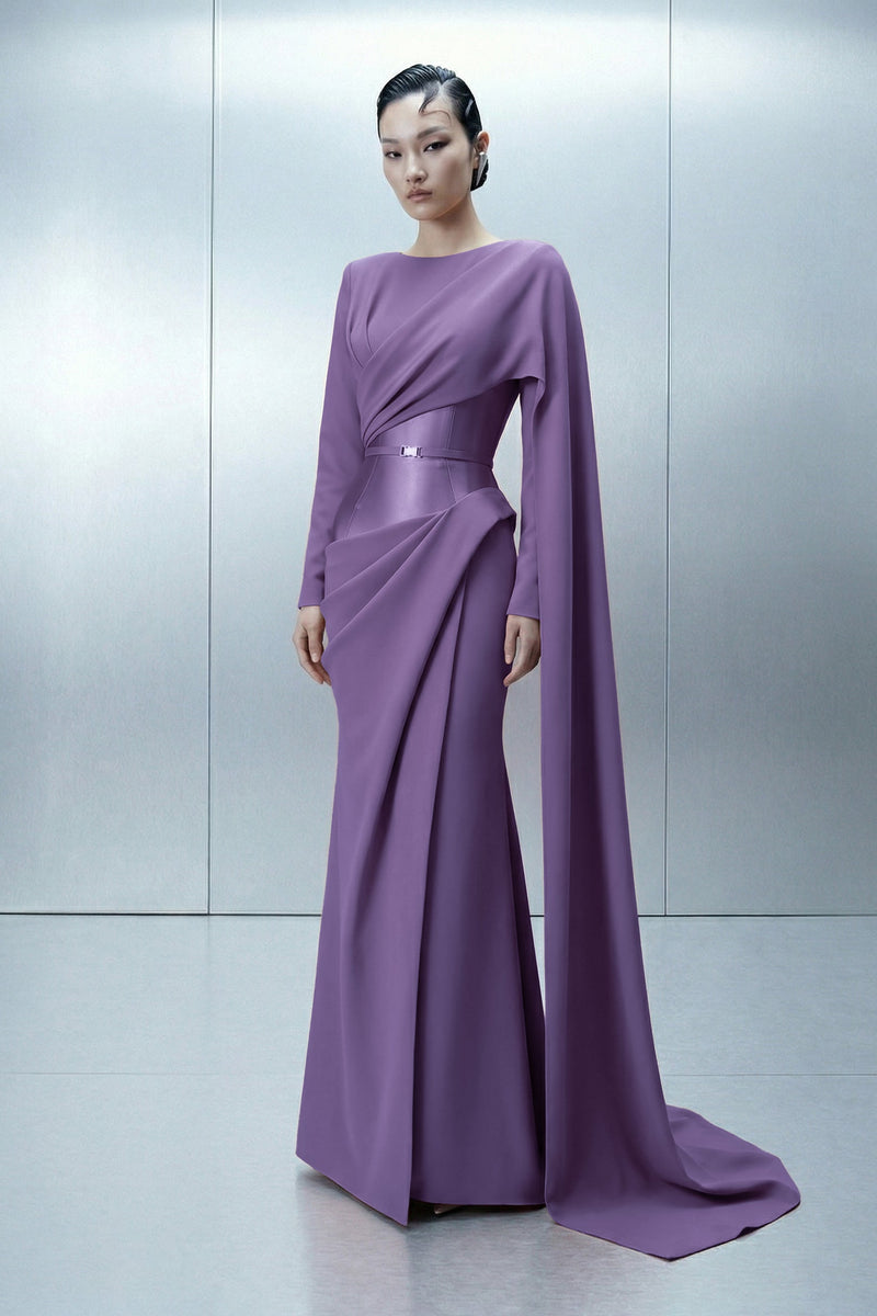 Eli The Label E0166 Blush Asymmetric Draped Cape Sleeve Evening Gown