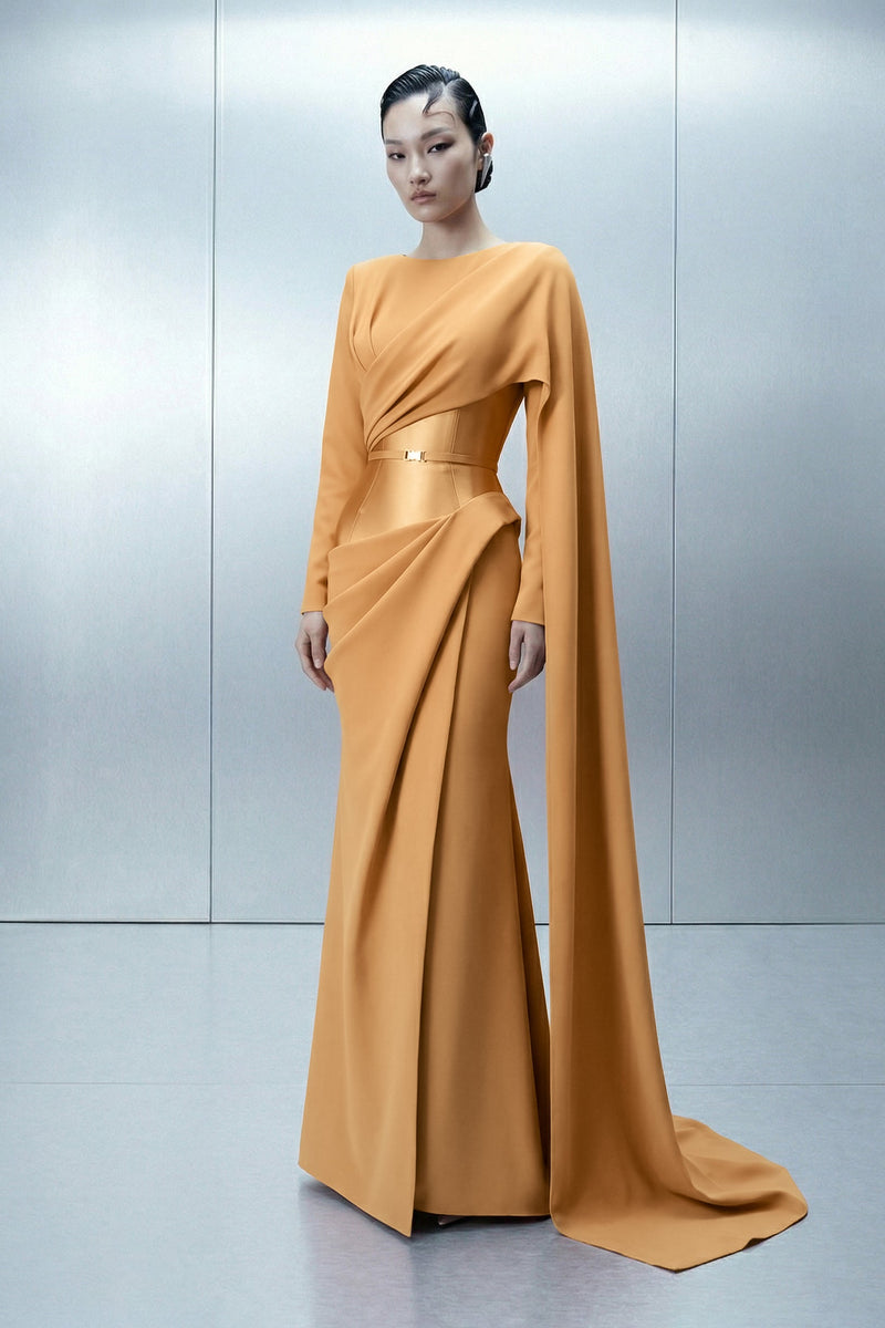 Eli The Label E0166 Blush Asymmetric Draped Cape Sleeve Evening Gown