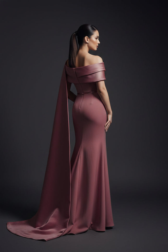 Elie Awad E0125 Pink Crepe Mermaid Gown with Off-Shoulder Drape & Side Train